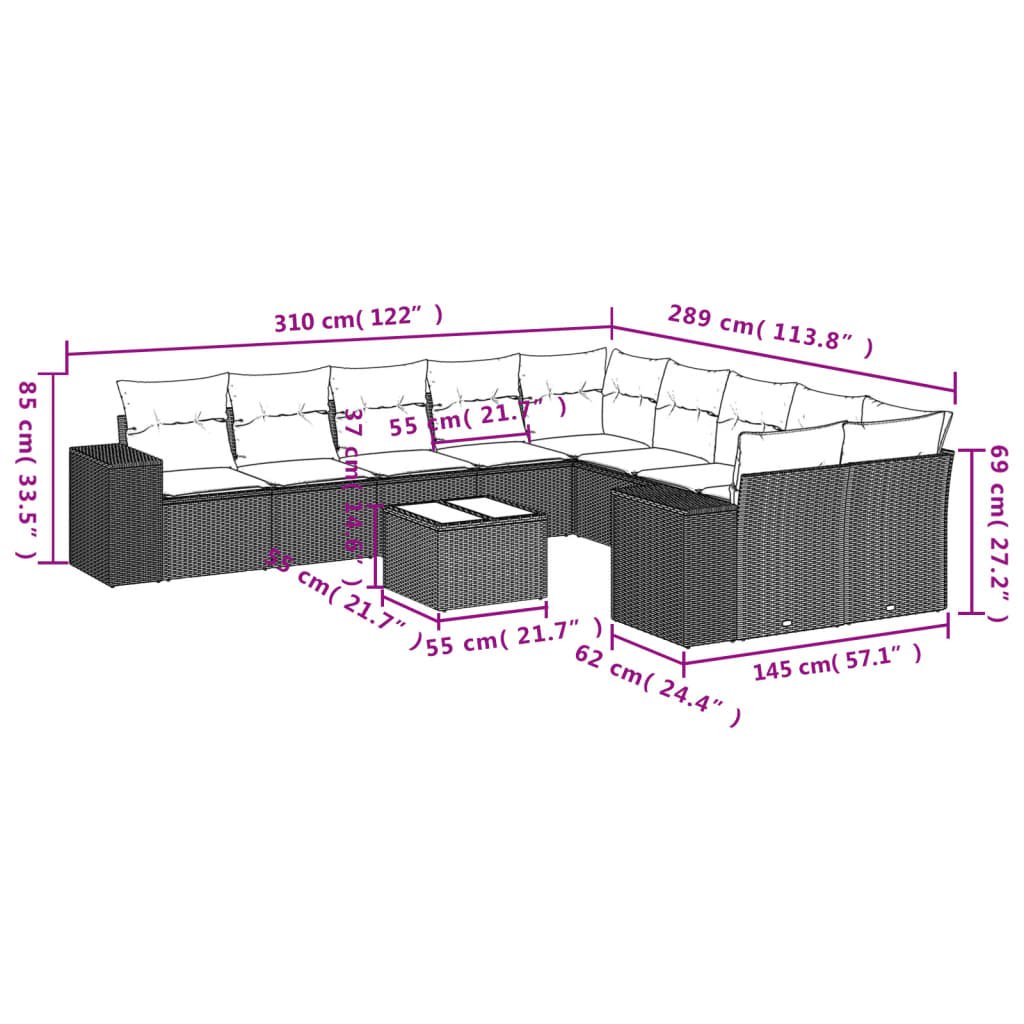 Set canapele de grădină cu perne, 11 piese, negru, poliratan 3255452 - imagine 3