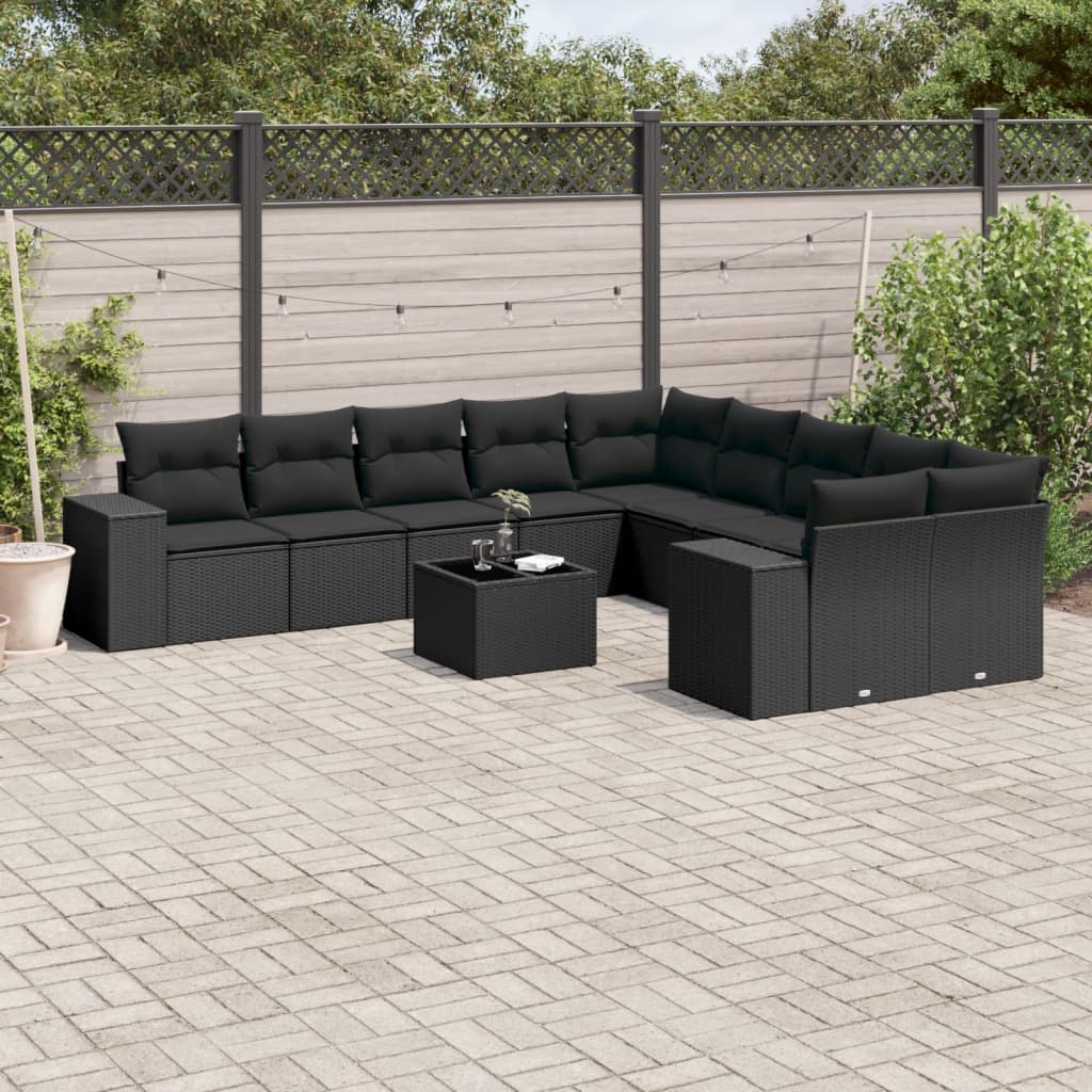 vidaXL 11-tlg. Garten-Sofagarnitur mit Kissen Schwarz Poly Rattan