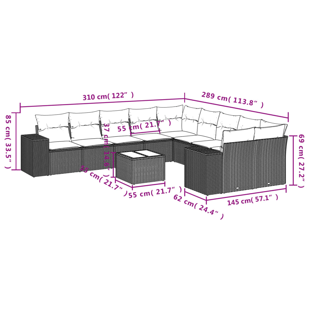 vidaXL 11-delige Loungeset met kussens poly rattan zwart