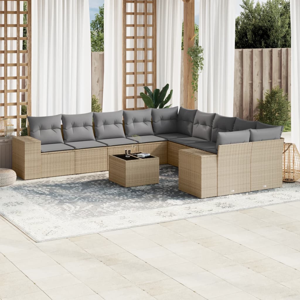 vidaXL 11-tlg. Garten-Sofagarnitur mit Kissen Beige Poly Rattan