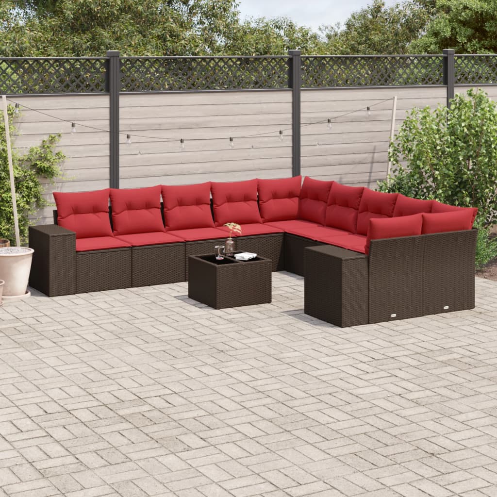 11 Piece Patio Sofa Set with Cushions Brown Poly Rattan