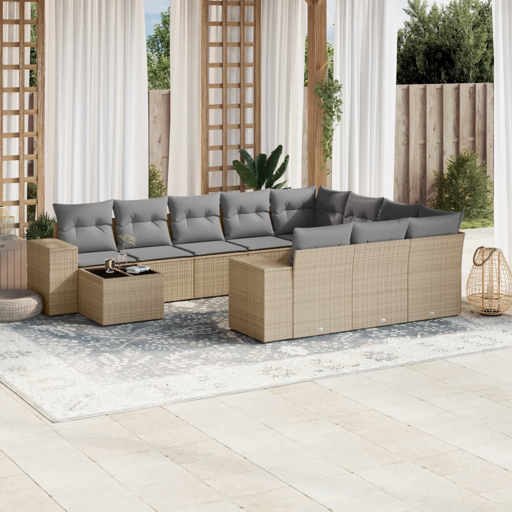 vidaXL 11-tlg. Garten-Sofagarnitur mit Kissen Beige Poly Rattan