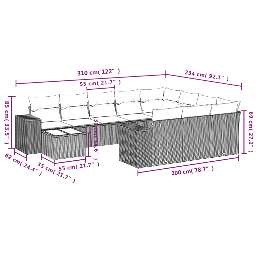 vidaXL 11-delige Loungeset met kussens poly rattan lichtgrijs afbeelding