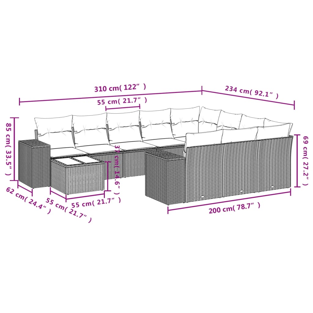 vidaXL 11-delige Loungeset met kussens poly rattan bruin