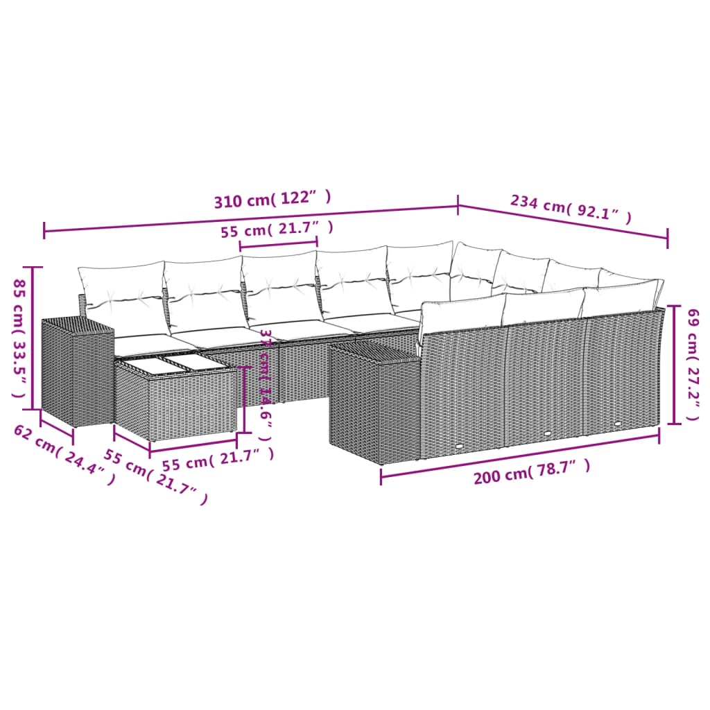 vidaXL 11-delige Loungeset met kussens poly rattan bruin afbeelding