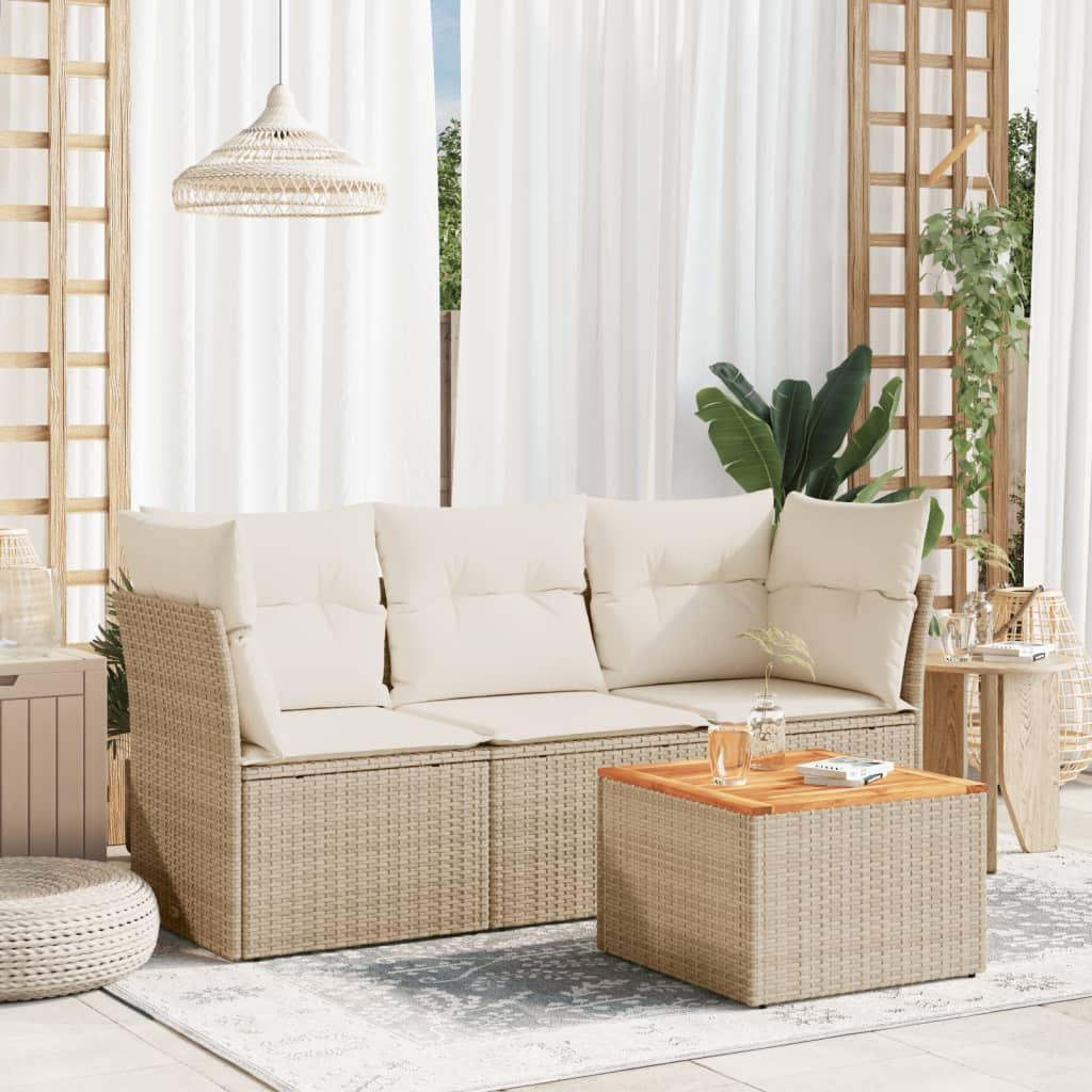 4-tlg. Garten-Sofagarnitur mit Kissen Beige Poly Rattan