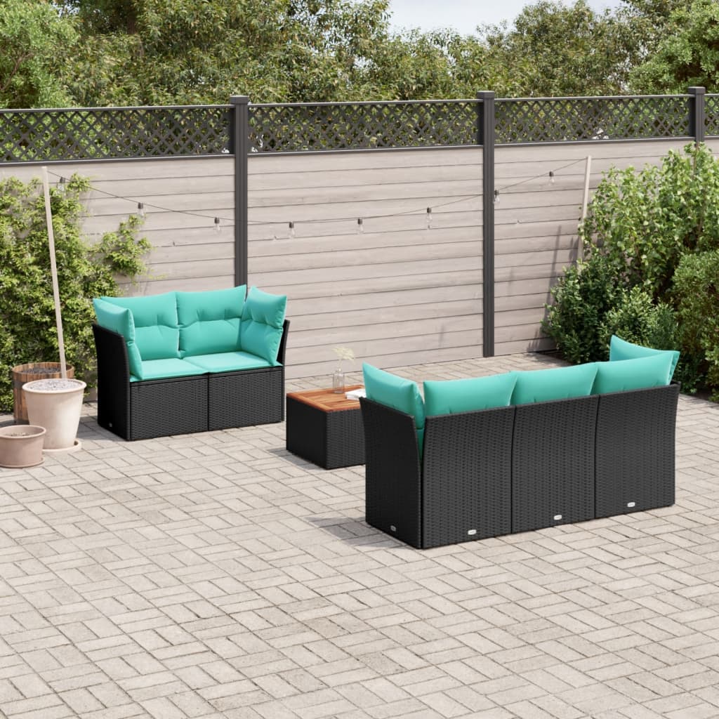 Sofasæt til haven - 6 dele i sort polyrattan med blå hynder og opbevaring