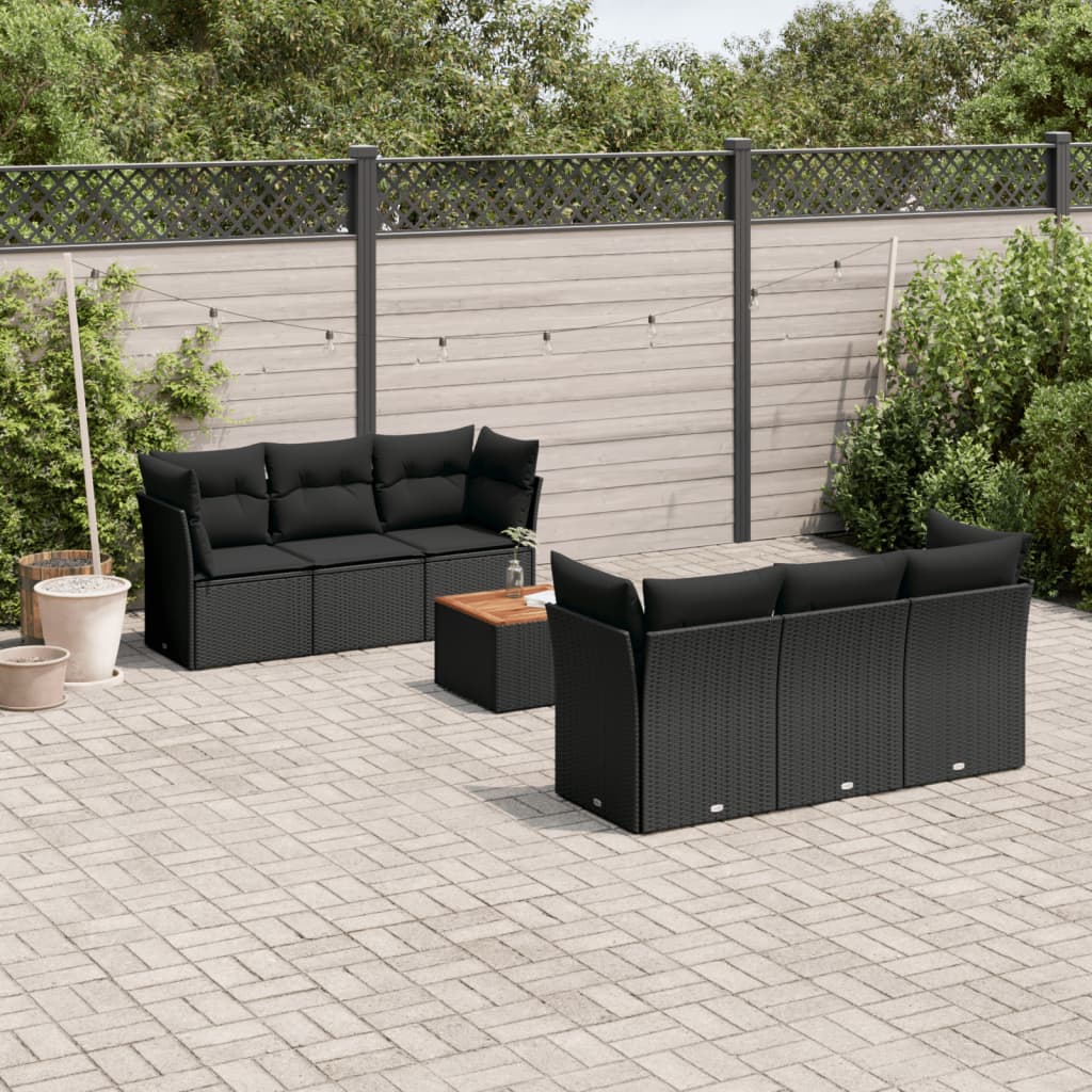 vidaXL 7-tlg. Garten-Sofagarnitur mit Kissen Schwarz Poly Rattan