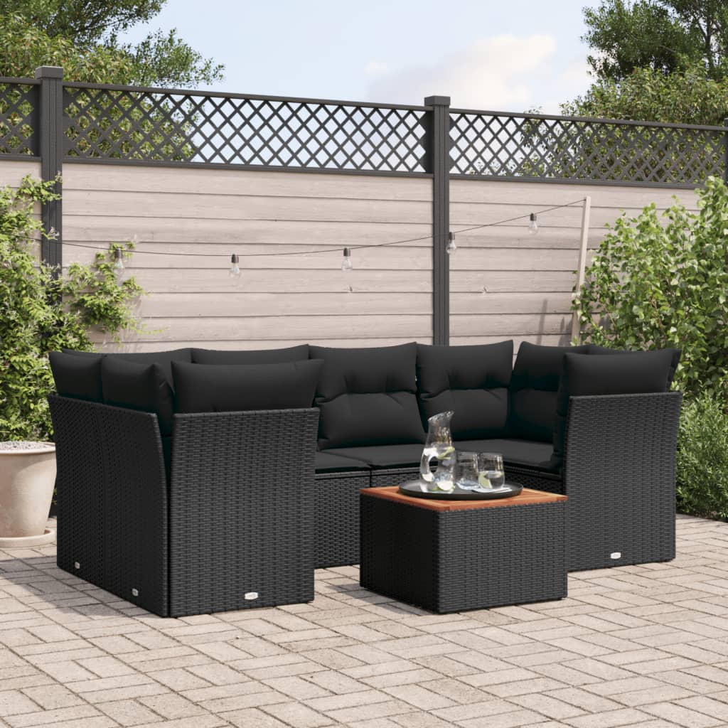 vidaXL 7-tlg. Garten-Sofagarnitur mit Kissen Schwarz Poly Rattan