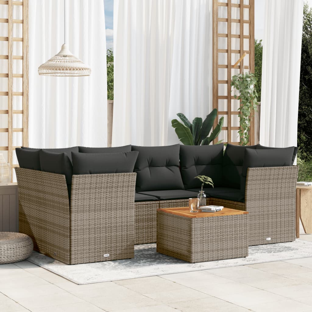 7-tlg. Garten-Sofagarnitur mit Kissen Grau Poly Rattan