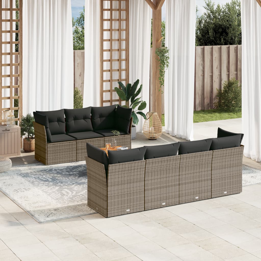 8-tlg. Garten-Sofagarnitur mit Kissen Grau Poly Rattan