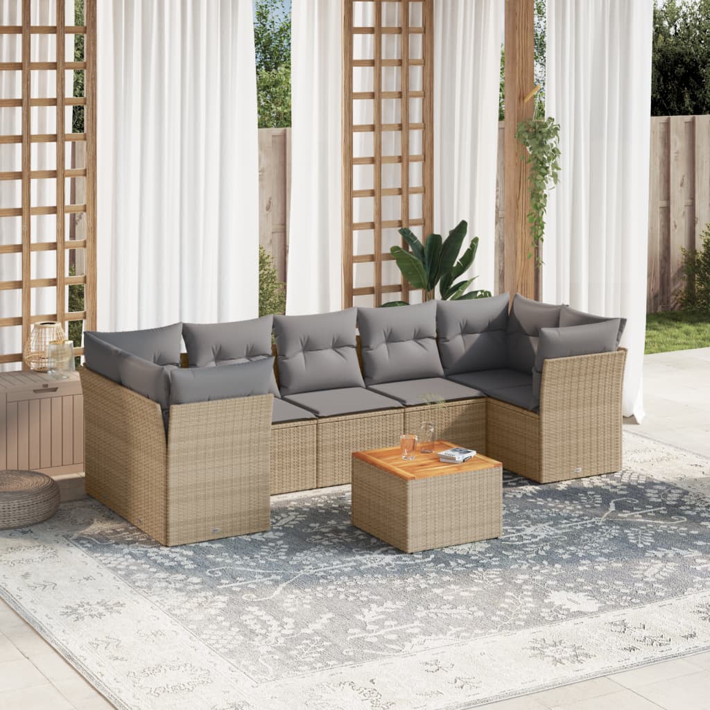 vidaXL 8-tlg. Garten-Sofagarnitur mit Kissen Beige Poly Rattan