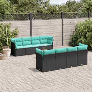 Vrtna sedežna garnitura 9-delna z blazinami črn poli ratan