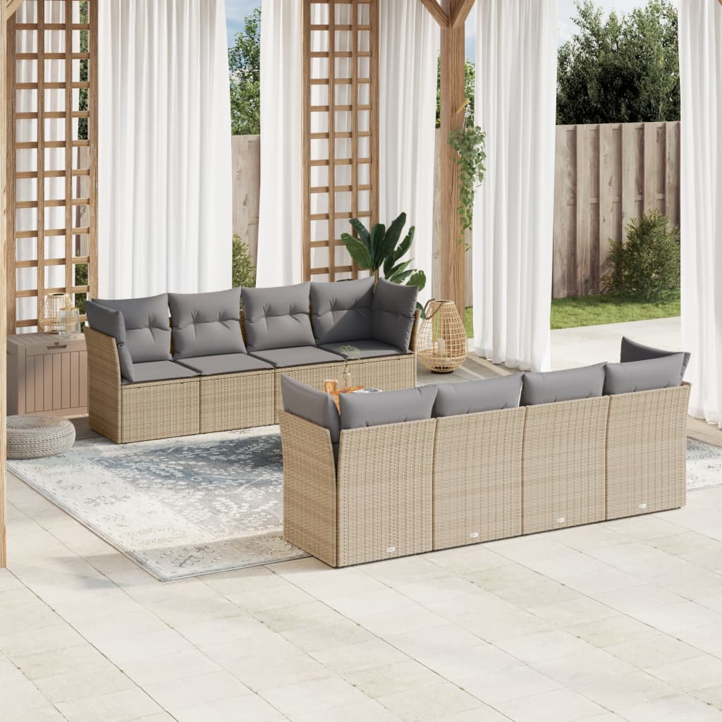 9-tlg. Garten-Sofagarnitur mit Kissen Beige Poly Rattan