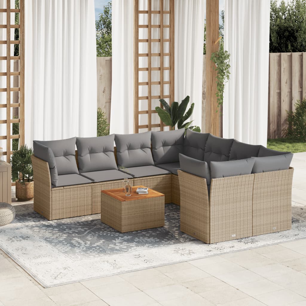 vidaXL 9-tlg. Garten-Sofagarnitur mit Kissen Beige Poly Rattan