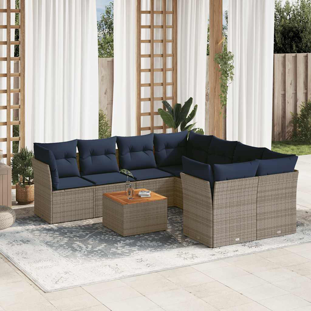 Havesofasæt i polyrattan - 9 dele med marineblå hynder, grå