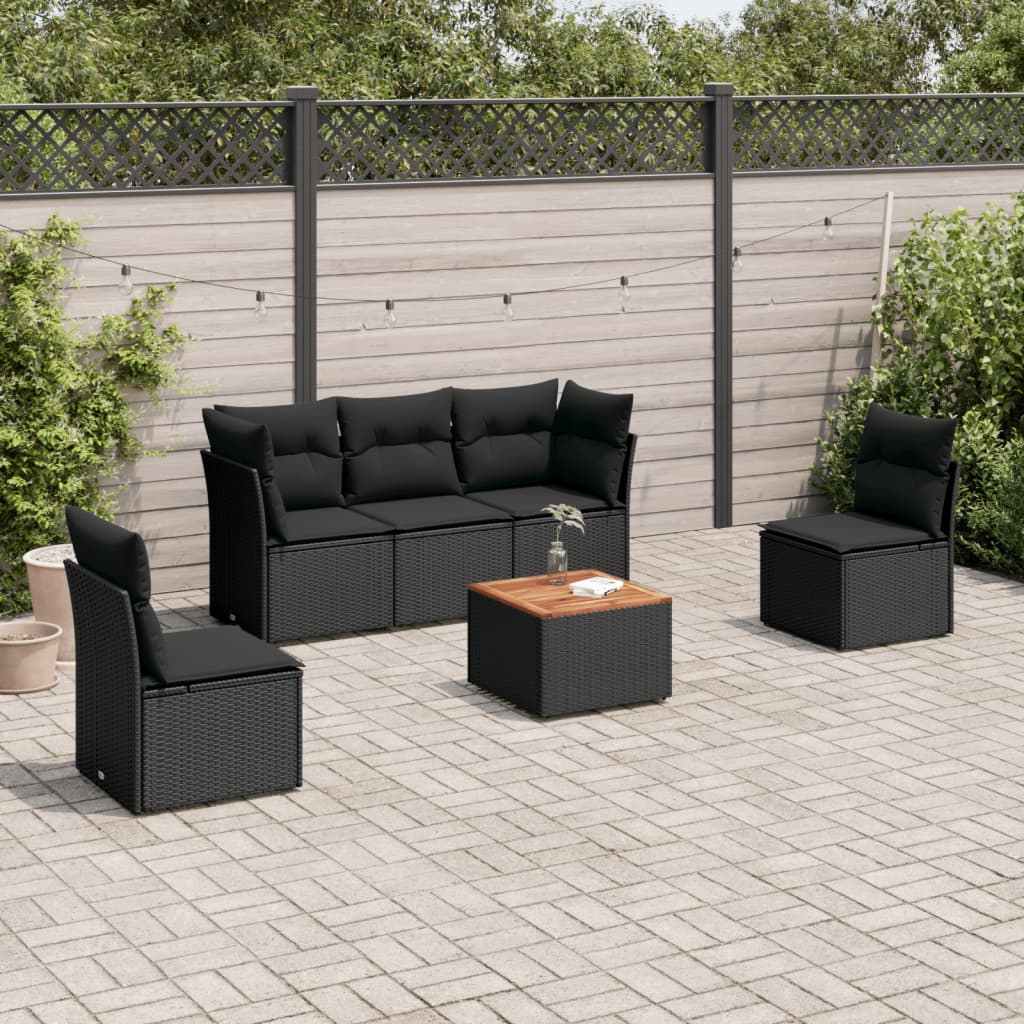 6-tlg. Garten-Sofagarnitur mit Kissen Schwarz Poly Rattan