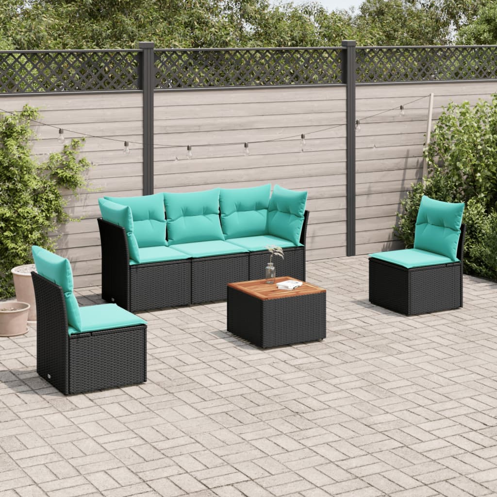 vidaXL 6-tlg. Garten-Sofagarnitur mit Kissen Schwarz Poly Rattan