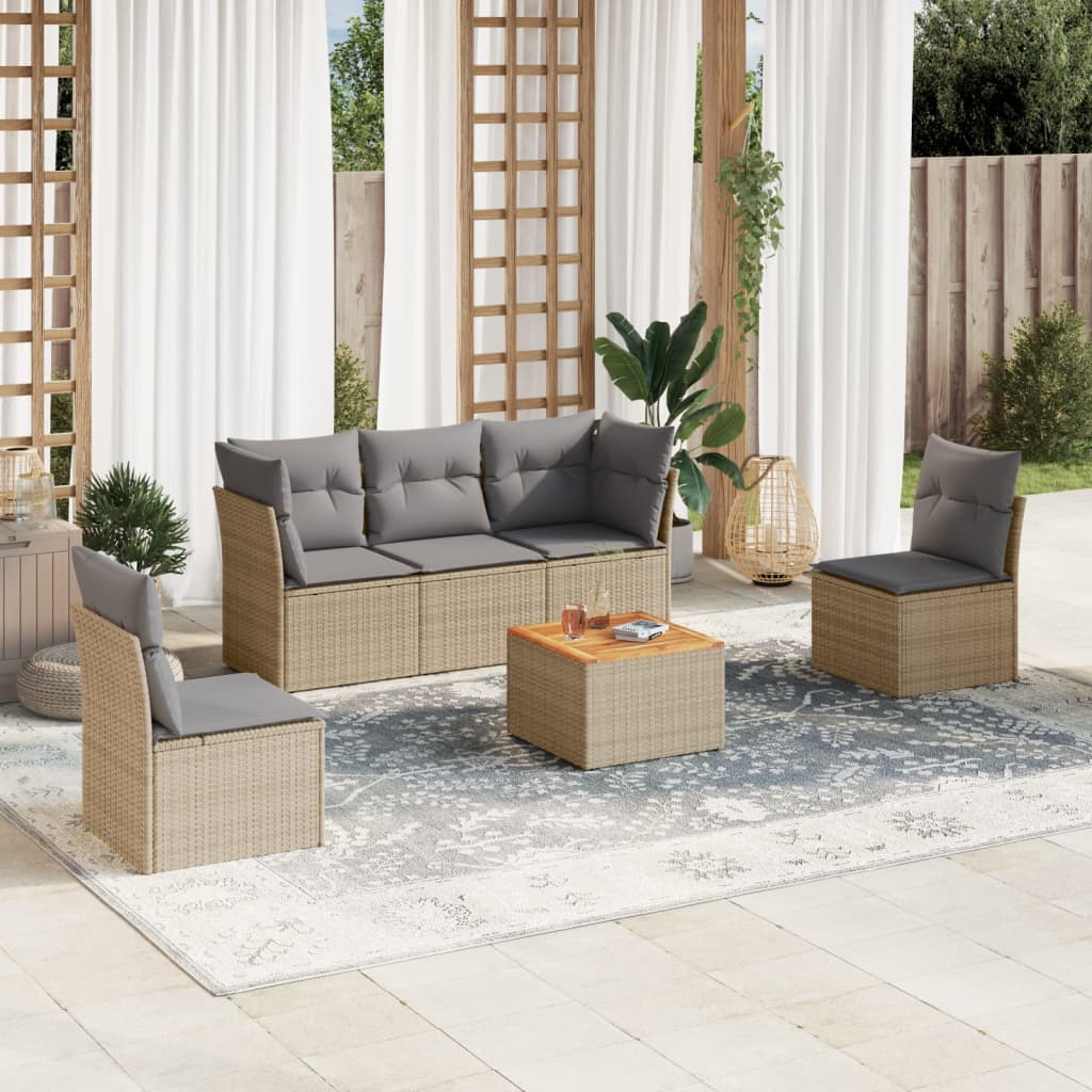 vidaXL 6-tlg. Garten-Sofagarnitur mit Kissen Beige Poly Rattan