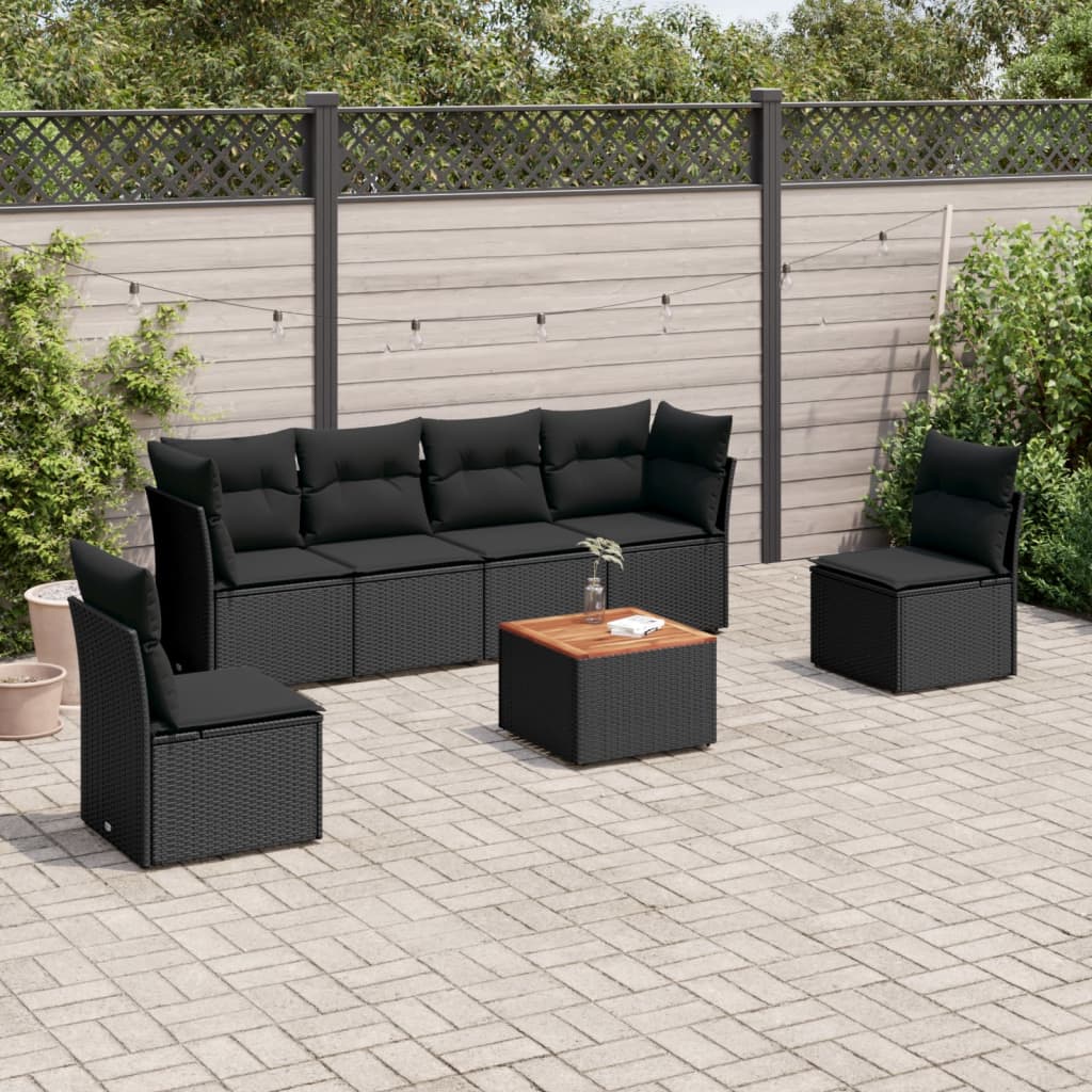 7-tlg. Garten-Sofagarnitur mit Kissen Schwarz Poly Rattan