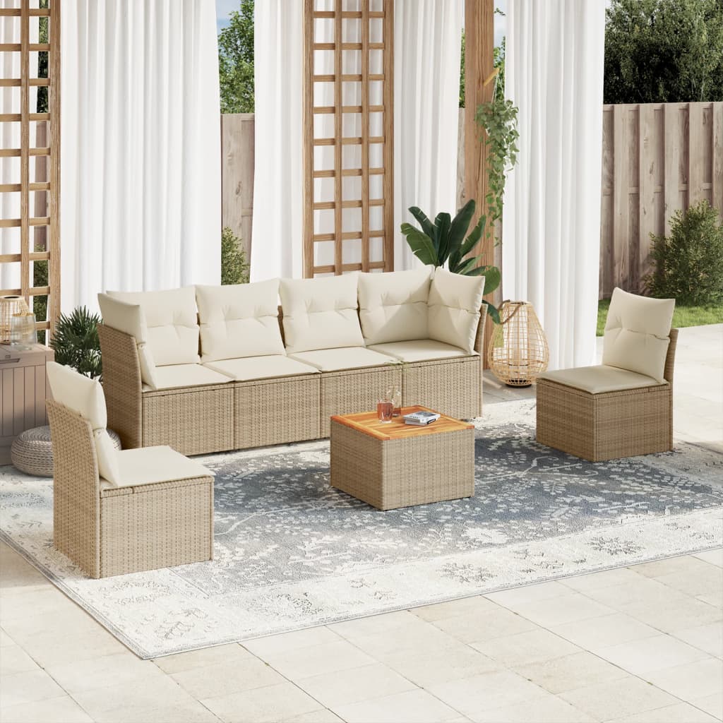 vidaXL 7-tlg. Garten-Sofagarnitur mit Kissen Beige Poly Rattan