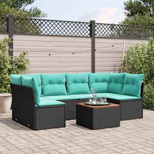 Vrtna sedežna garnitura 7-delna z blazinami črn poli ratan