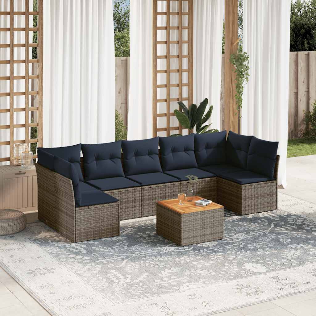 Sofasæt til haven - 8 dele i grå polyrattan med marineblå hynder og bord i akacietræ