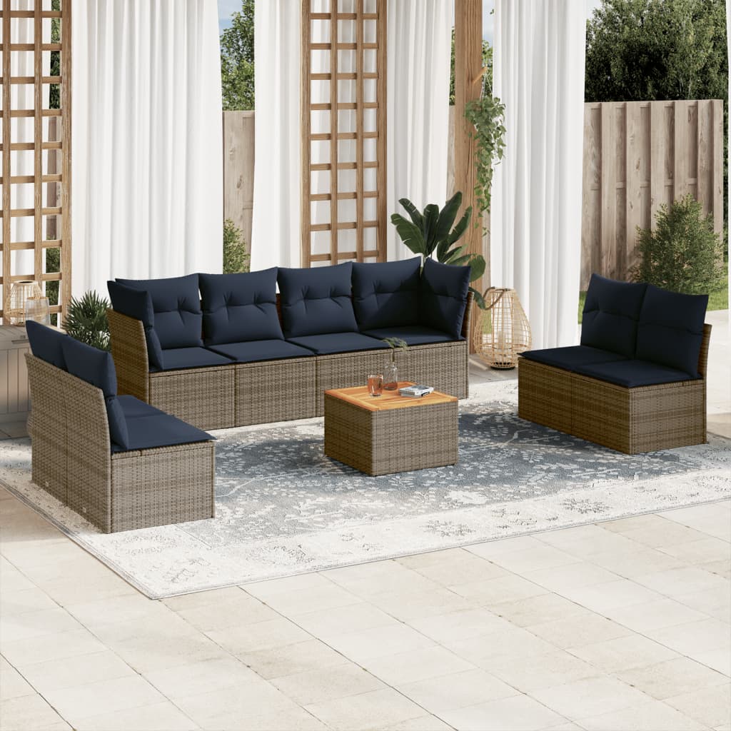 vidaXL 9-tlg. Garten-Sofagarnitur mit Kissen Grau Poly Rattan