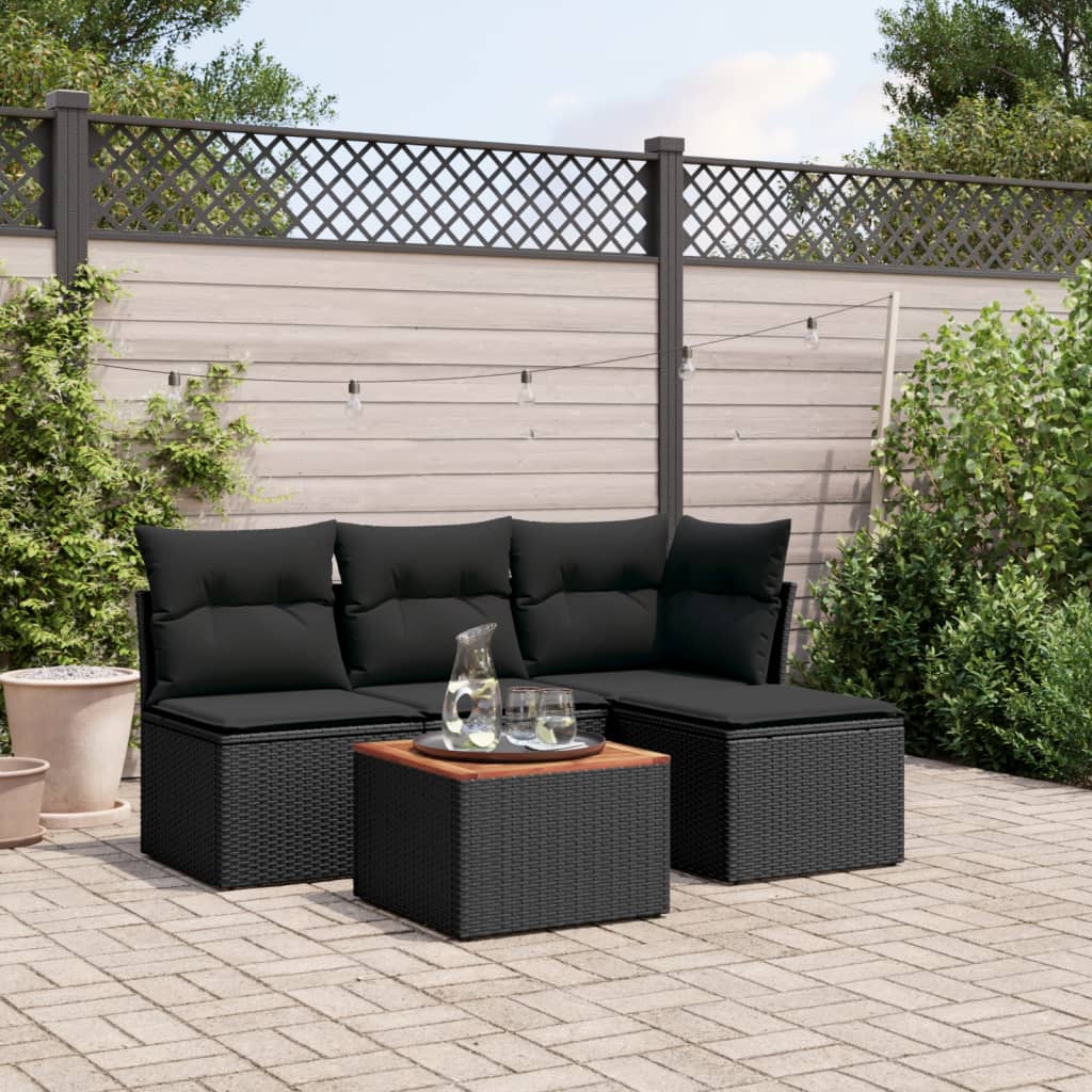 vidaXL 5-tlg. Garten-Sofagarnitur mit Kissen Schwarz Poly Rattan