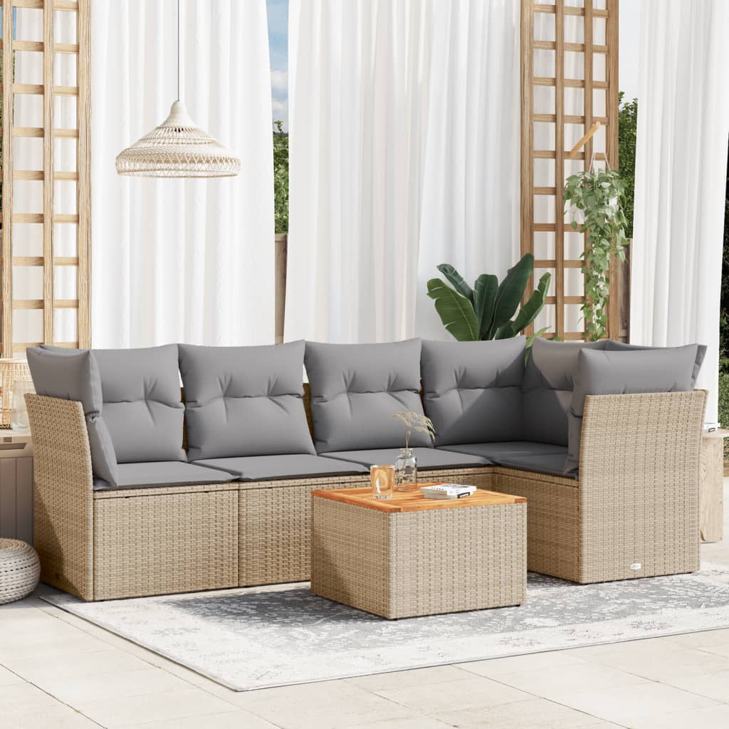 vidaXL 6-tlg. Garten-Sofagarnitur mit Kissen Beige Poly Rattan