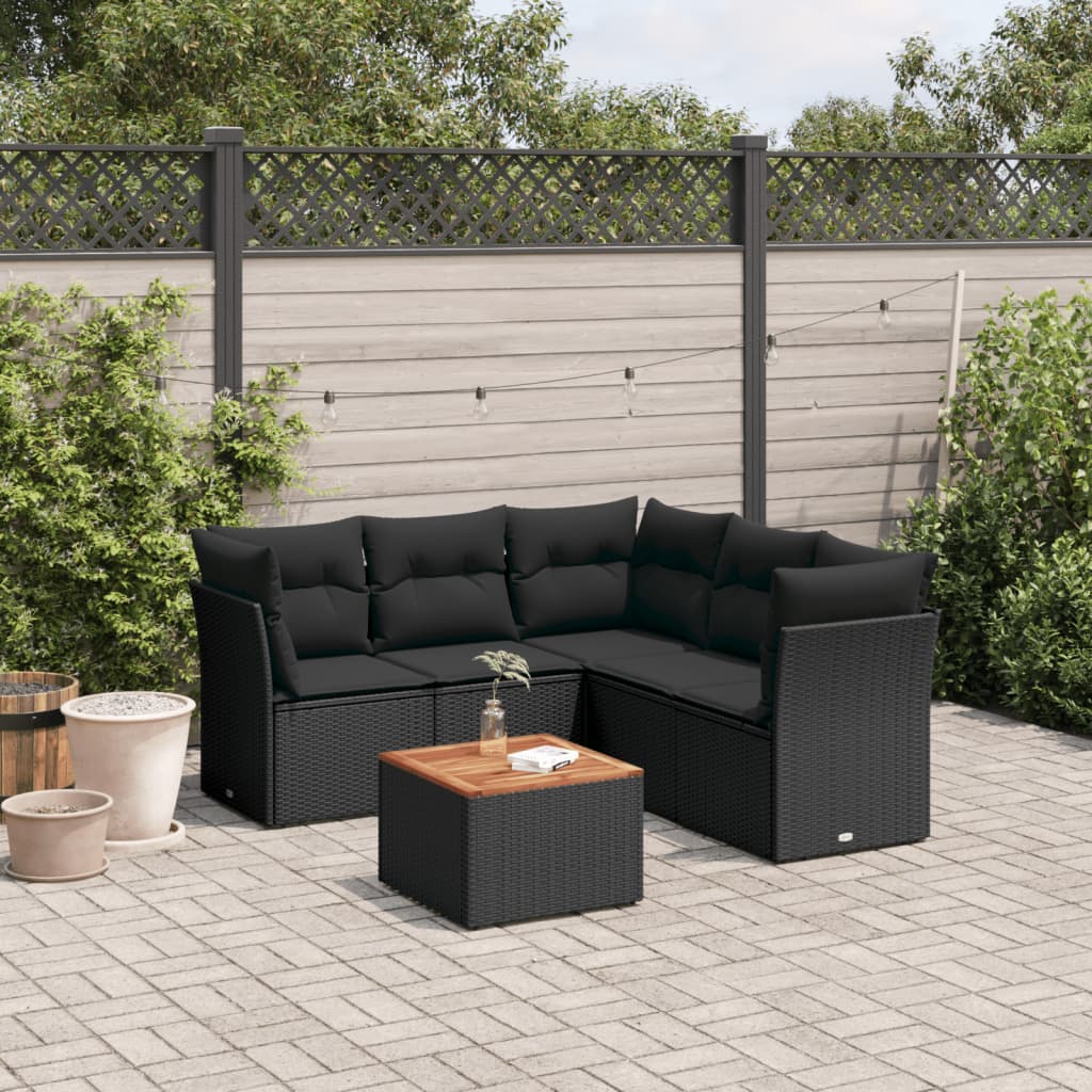 6-tlg. Garten-Sofagarnitur mit Kissen Schwarz Poly Rattan