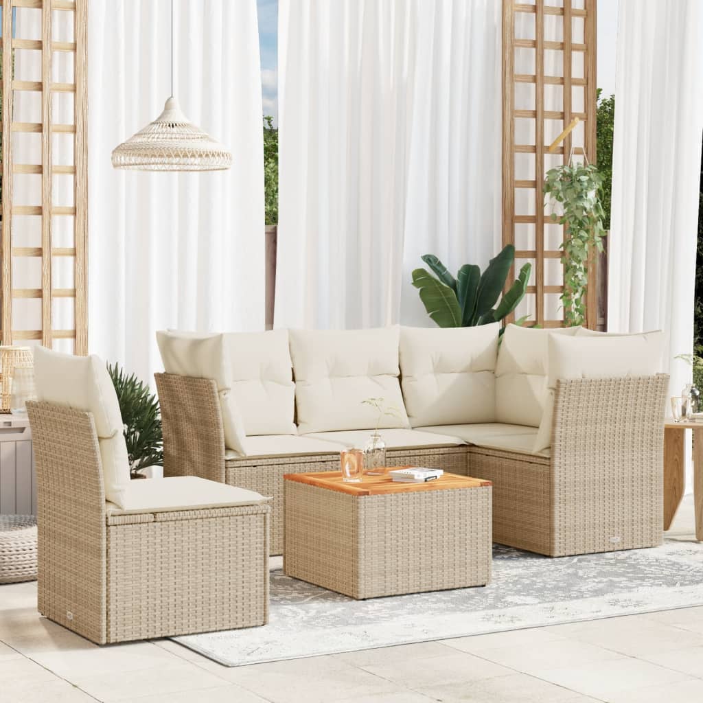 6-tlg. Garten-Sofagarnitur mit Kissen Beige Poly Rattan