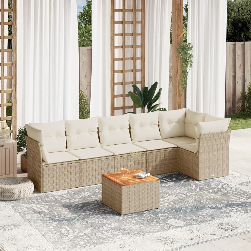 vidaXL 7-tlg. Garten-Sofagarnitur mit Kissen Beige Poly Rattan