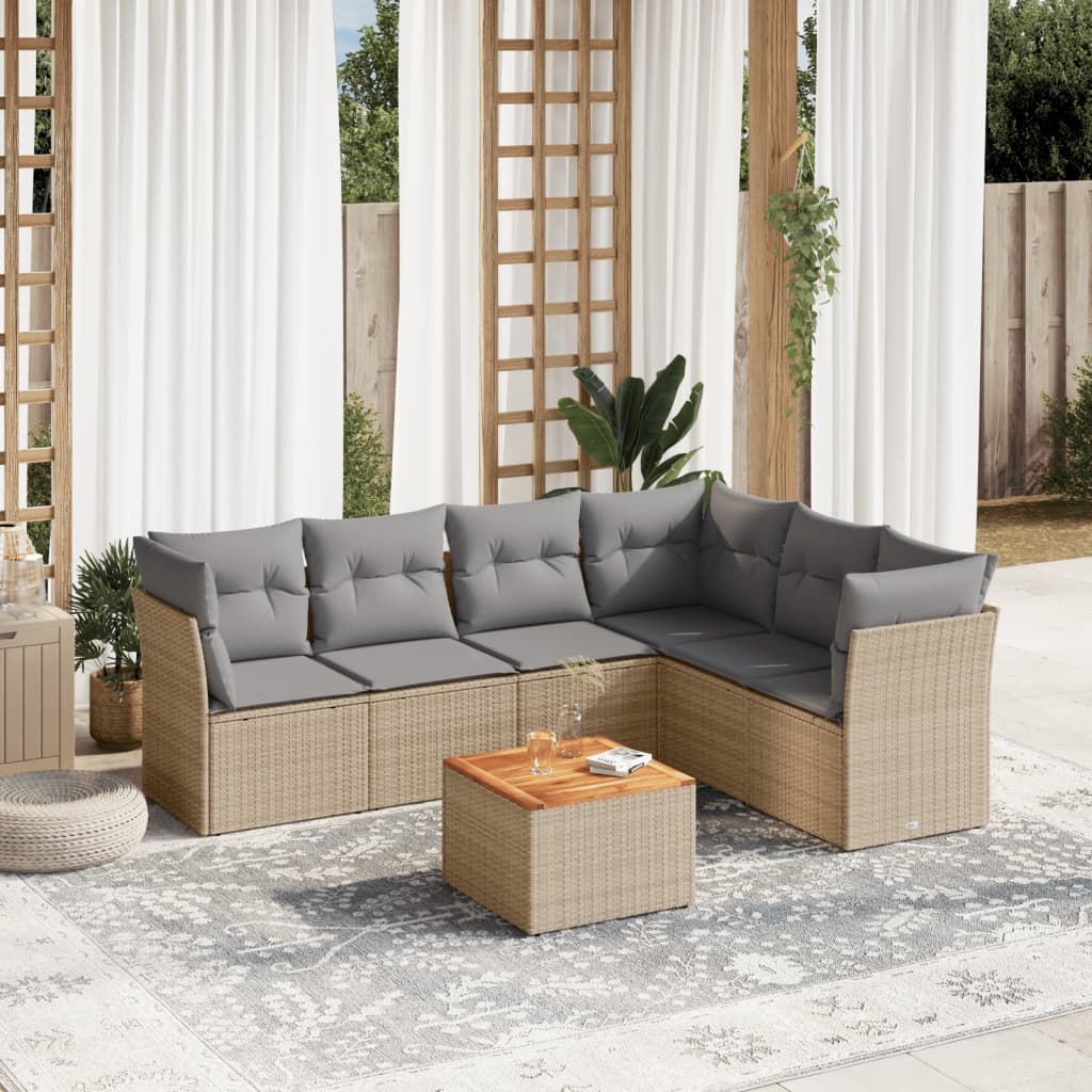 vidaXL 7-tlg. Garten-Sofagarnitur mit Kissen Beige Poly Rattan