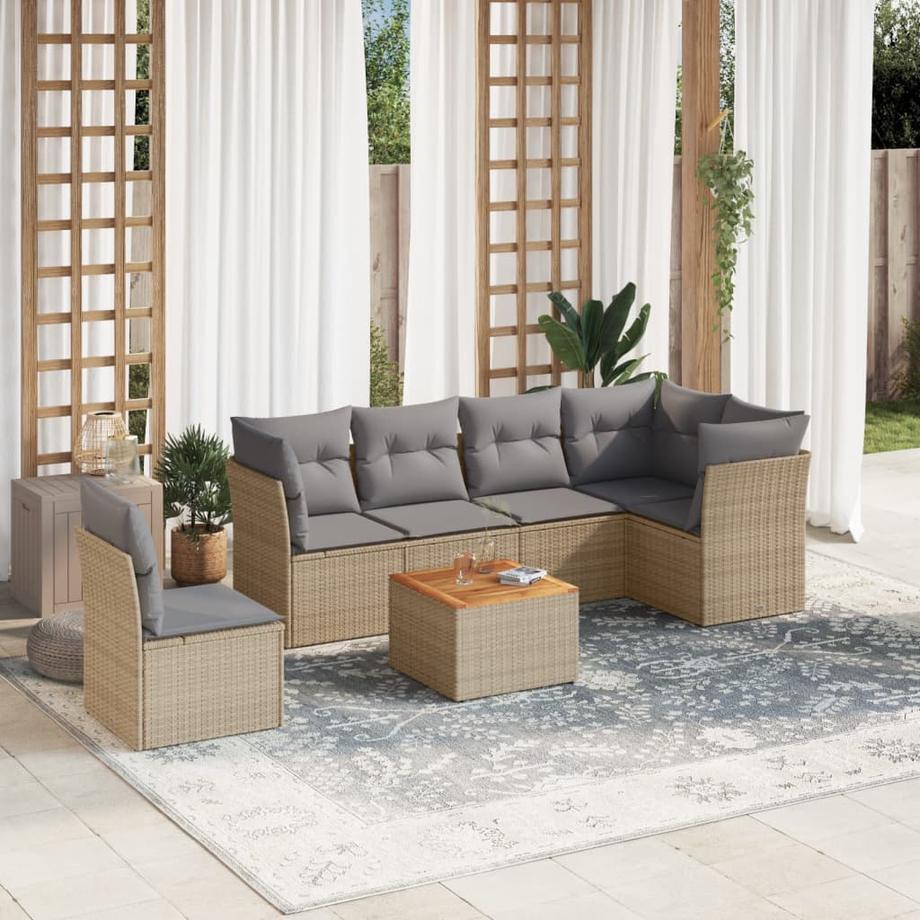 vidaXL 7-tlg. Garten-Sofagarnitur mit Kissen Beige Poly Rattan