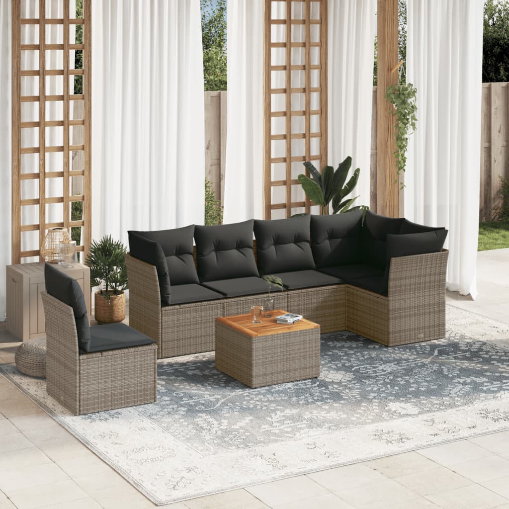 7-tlg. Garten-Sofagarnitur mit Kissen Grau Poly Rattan