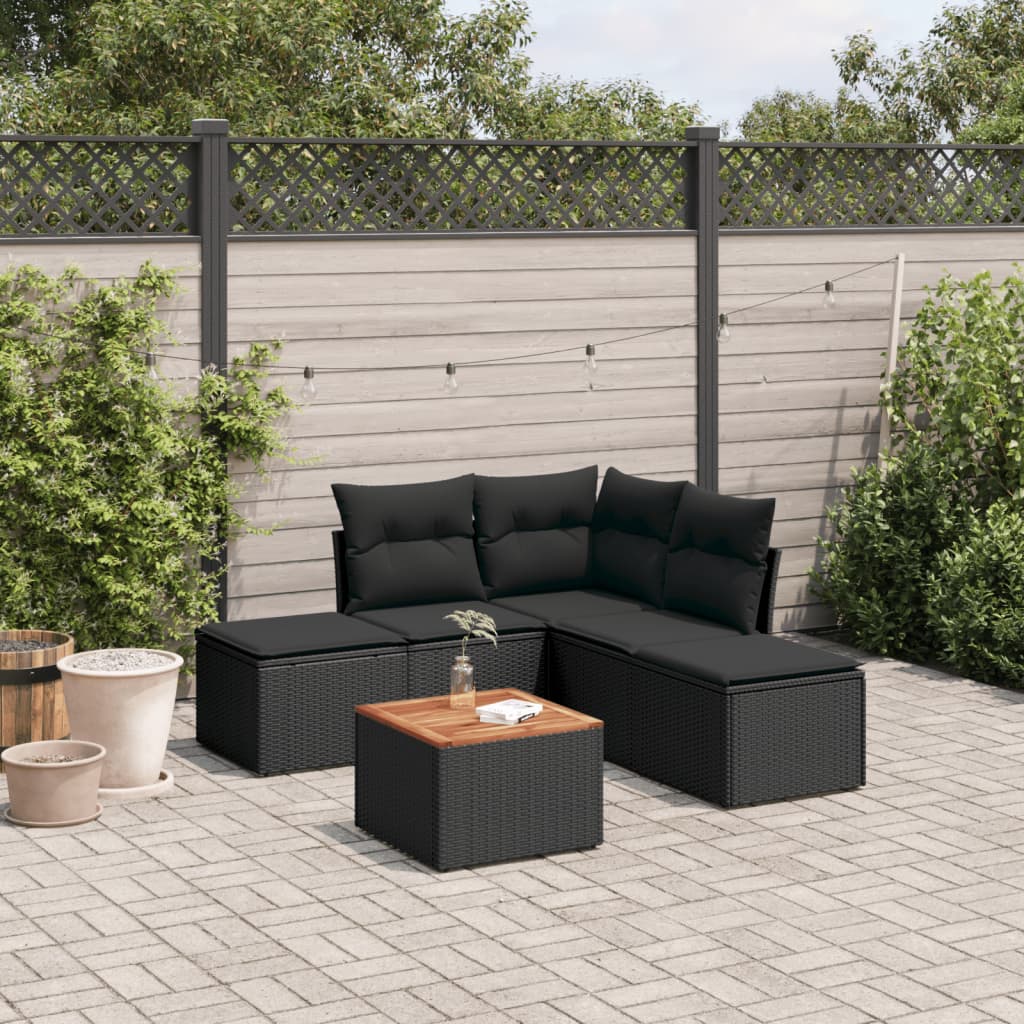 vidaXL 6-tlg. Garten-Sofagarnitur mit Kissen Schwarz Poly Rattan