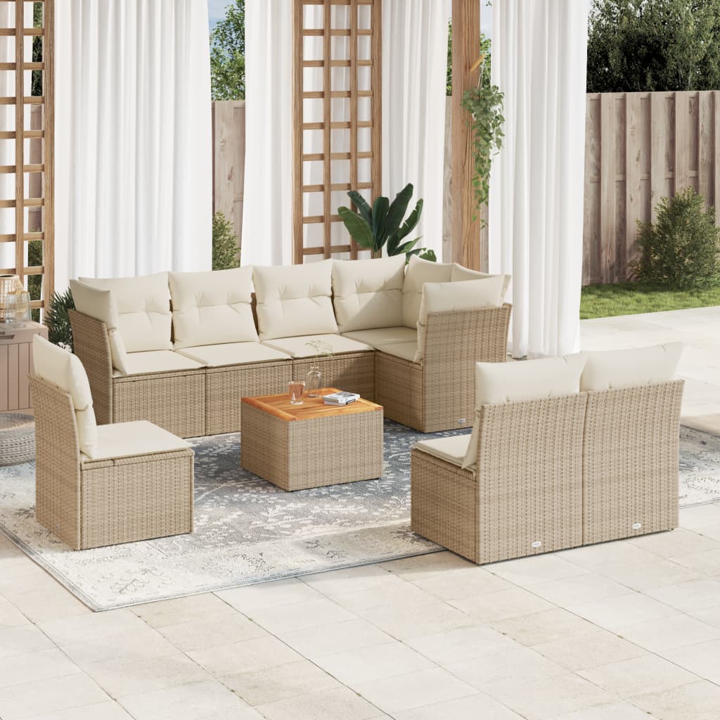 vidaXL 9-tlg. Garten-Sofagarnitur mit Kissen Beige Poly Rattan