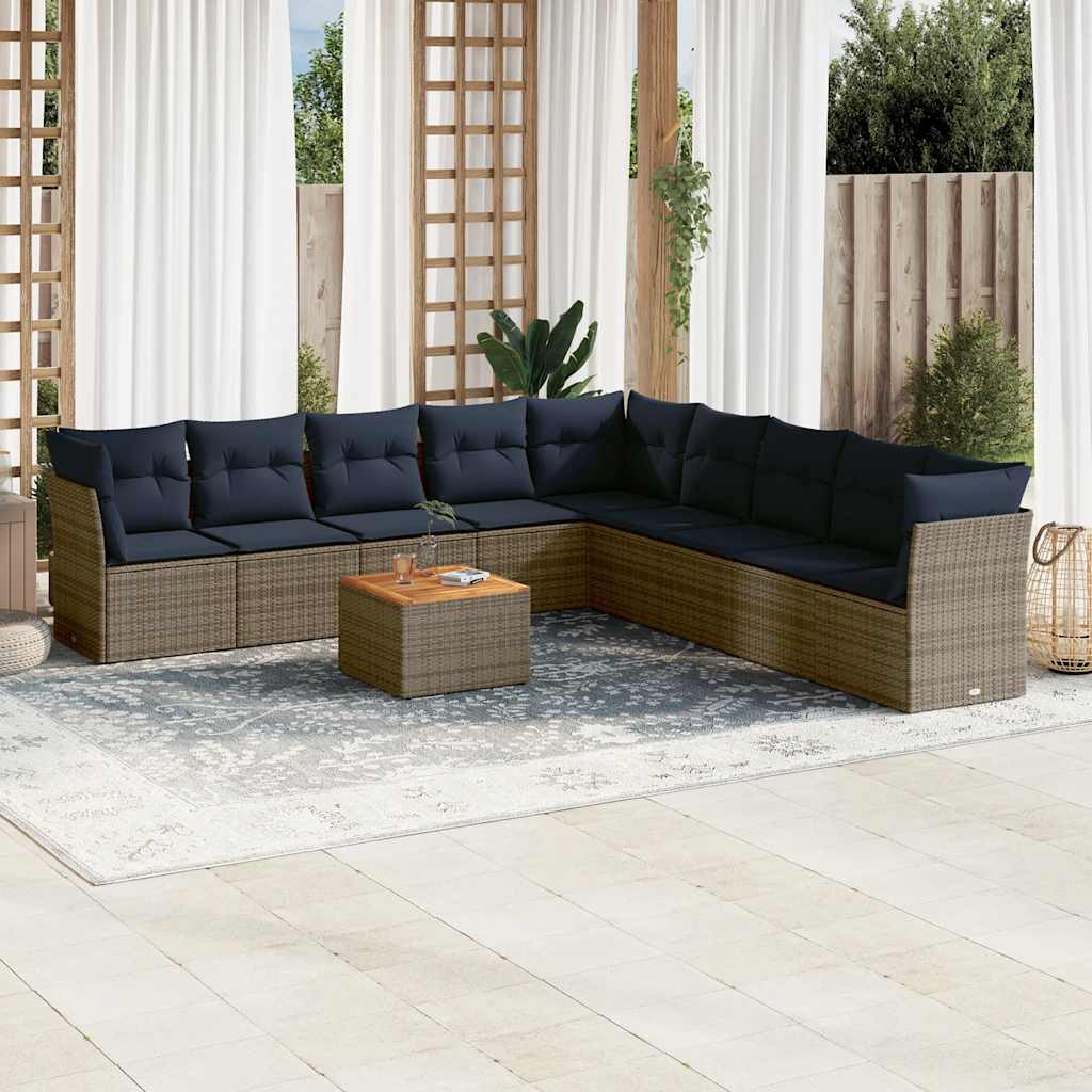 Havesofasæt i polyrattan, 10 dele med hynder - grå/marineblå