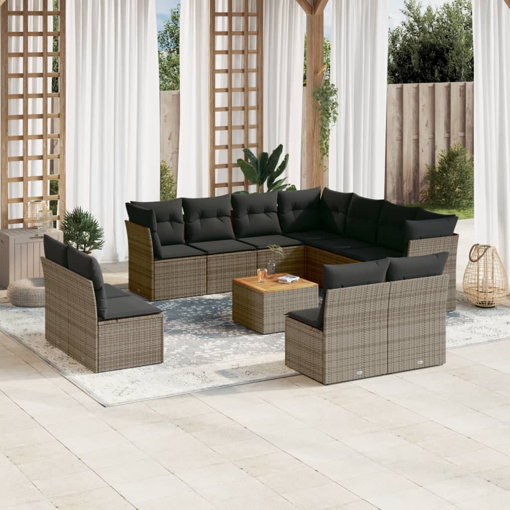 12-tlg. Garten-Sofagarnitur mit Kissen Grau Poly Rattan