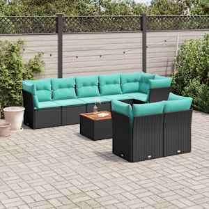 Vrtna sedežna garnitura 9-delna z blazinami črn poli ratan