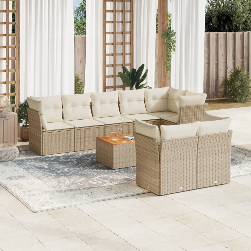 vidaXL 9-tlg. Garten-Sofagarnitur mit Kissen Beige Poly Rattan