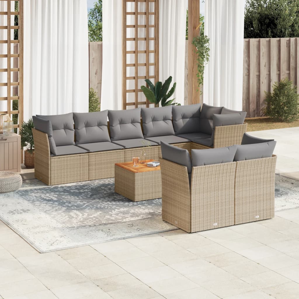 vidaXL 9-tlg. Garten-Sofagarnitur mit Kissen Beige Poly Rattan