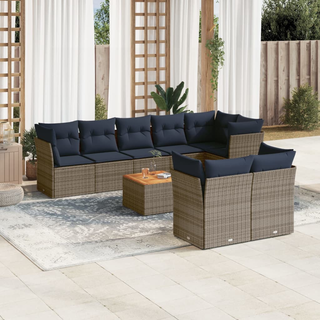 vidaXL 9-tlg. Garten-Sofagarnitur mit Kissen Grau Poly Rattan