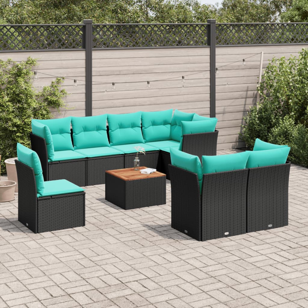 Sofasæt til haven i polyrattan - 9 dele med hynder og bord, sort/blå