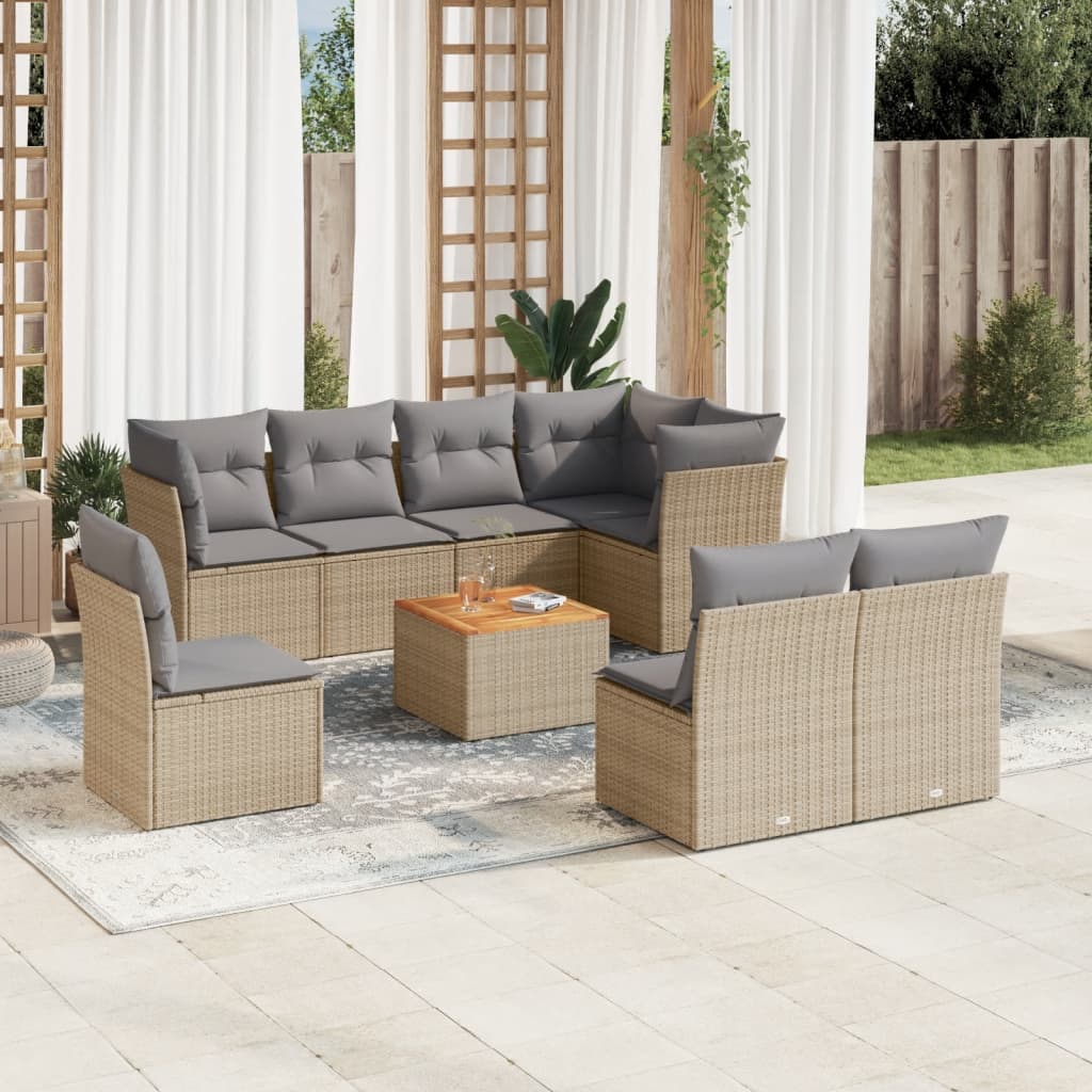 vidaXL 9-tlg. Garten-Sofagarnitur mit Kissen Beige Poly Rattan