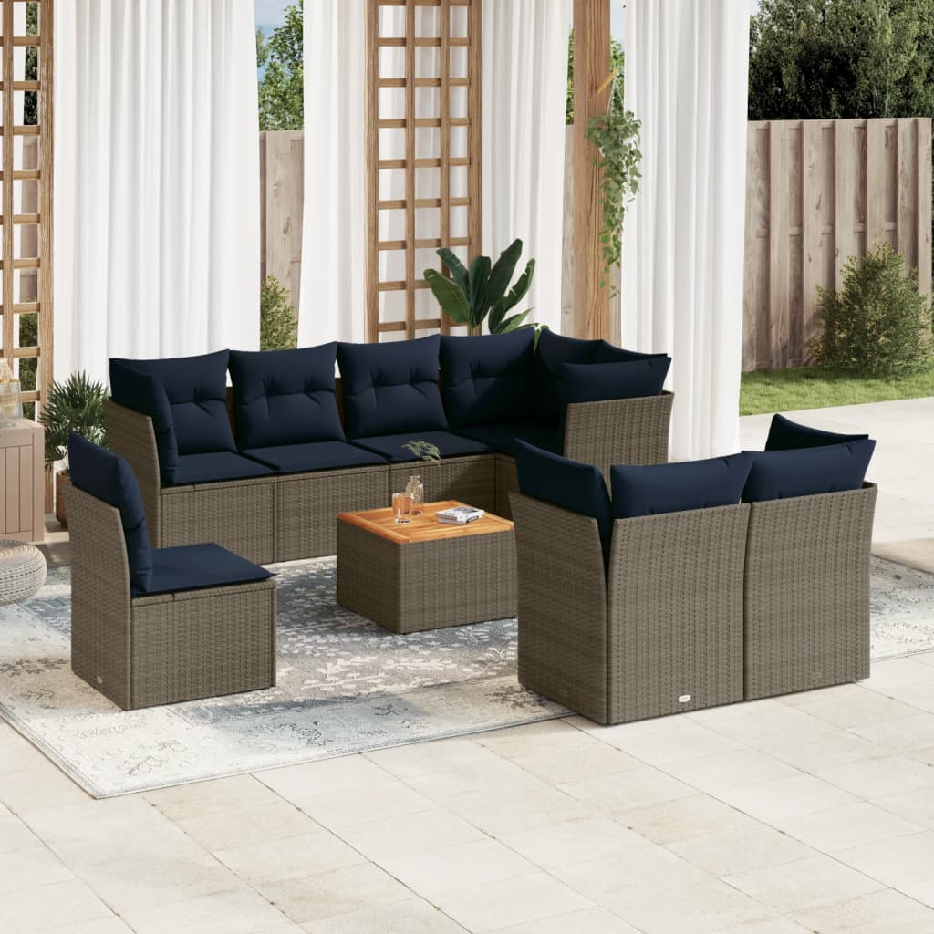 vidaXL 9-tlg. Garten-Sofagarnitur mit Kissen Grau Poly Rattan