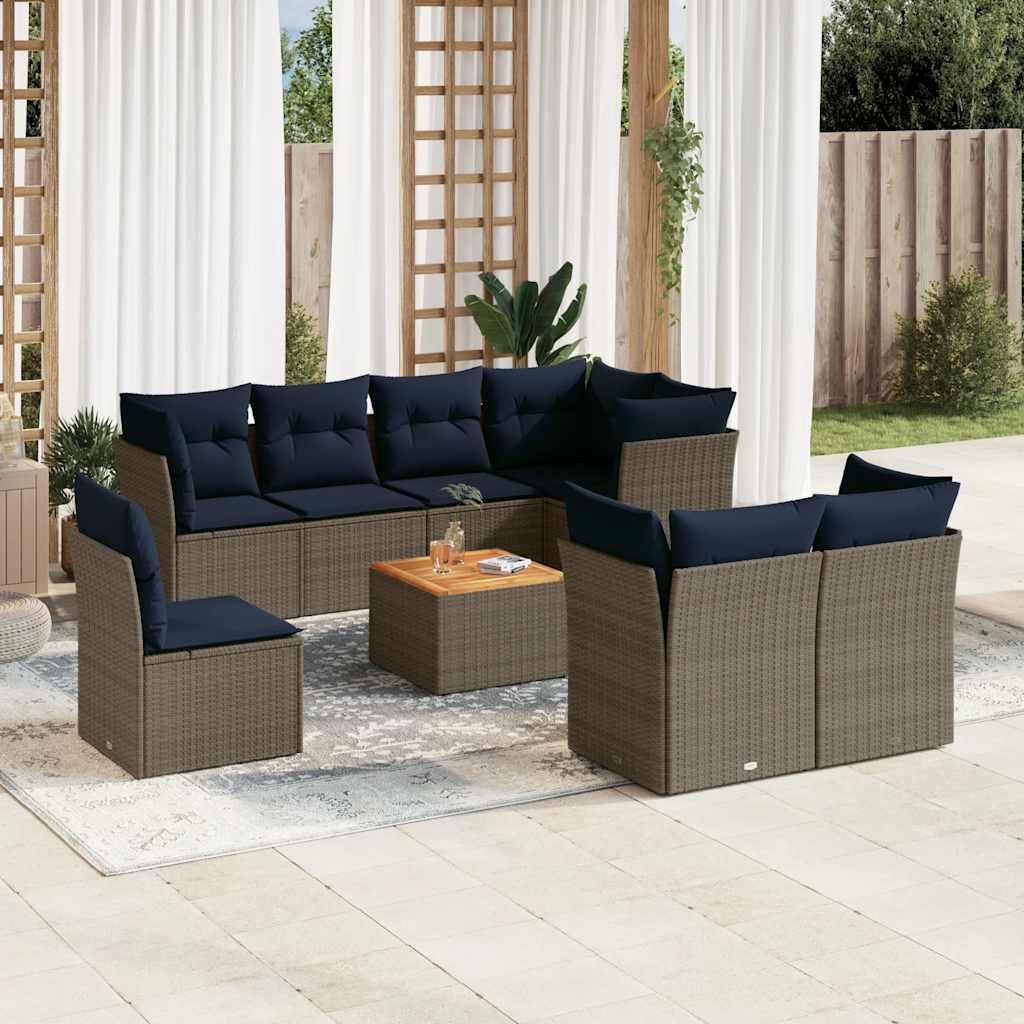 vidaXL Set canapele de grădină, 9 piese, cu perne, gri, poliratan