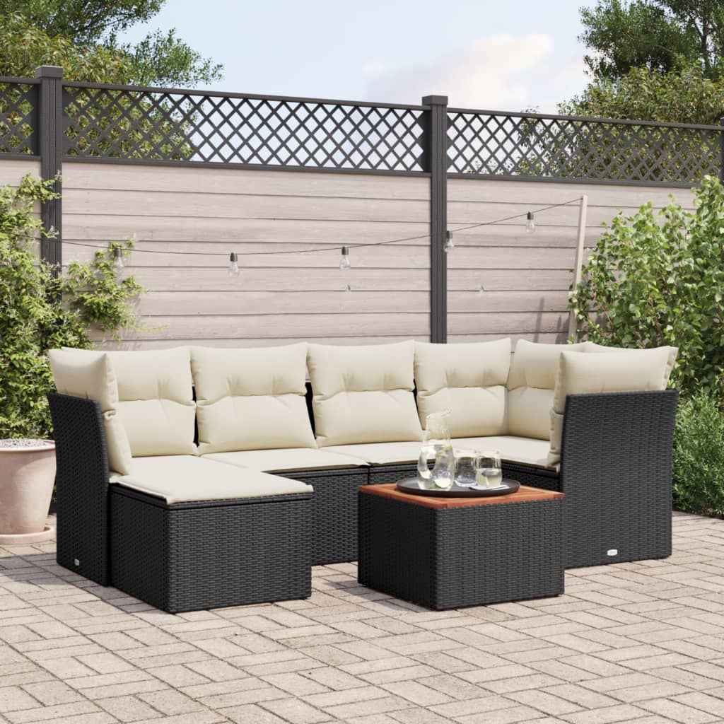 7-tlg. Garten-Sofagarnitur mit Kissen Schwarz Poly Rattan