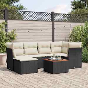 Vrtna sedežna garnitura 7-delna z blazinami črn poli ratan